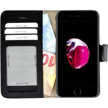 Pearlycase Echt Lederen Wallet Bookcase Apple iPhone 7 met de handgemaakte Zwart Leren Telefoonhoesje