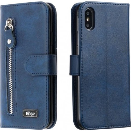 Voor iPhone XS Max rits horizontale flip lederen tas met portemonnee en houder & kaartsleuven (blauw)