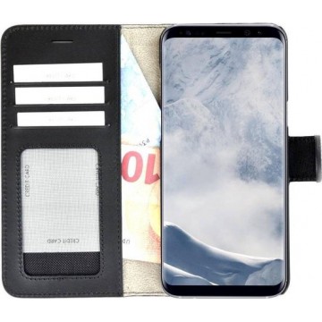 Pearlycase Echt Lederen Wallet Bookcase Samsung Galaxy S8 met de handgemaakte Zwart Leren Telefoonhoesje