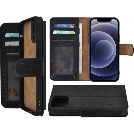 Iphone 12 Pro Hoesje - Bookcase - Iphone 12 Pro Book Case Wallet Echt Leder Croco Zwart Cover