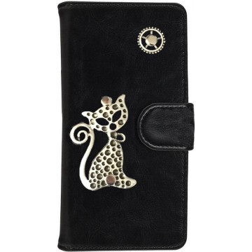 PU Leder Mystiek design Zwart Hoesje voor Apple iPhone 5 5S SE Kat Bedel book case wallet case