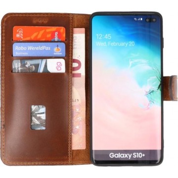 Bestcases Handmade Leer Booktype Telefoonhoesje voor Samsung Galaxy S10 Plus Bruin