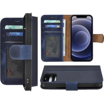 Iphone 12 Hoesje - Bookcase - Iphone 12 Hoesje Portemonnee wallet Echt Leder Denimblauw Cover