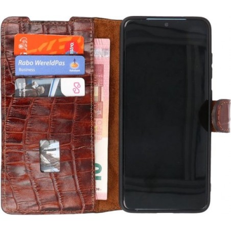 Bestcases Krokodil Handmade Leer Booktype Telefoonhoesje voor Samsung Galaxy S20 Ultra Bruin