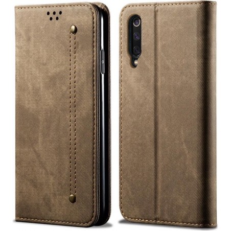 Voor xiaomi mi 9 pro denim textuur casual stijl horizontale flip lederen tas met houder & kaartsleuven & portemonnee (kaki)