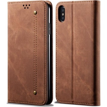 Voor iPhone X / XS denim textuur casual stijl horizontale flip lederen tas met houder en kaartsleuven en portemonnee (bruin)