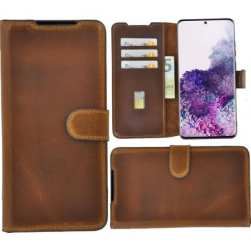 Samsung Galaxy S20 Ultra hoesje - Bookcase - Portemonnee Hoes Echt leer Wallet case Antiek Cognac Bruin