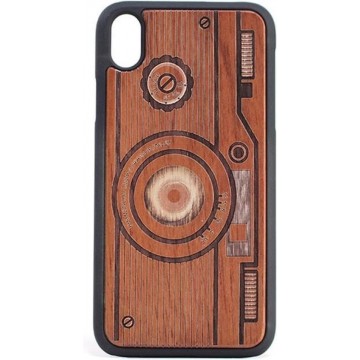 Let op type!! Camera Pattern Shockproof PC + Wood Protective Case for iPhone XR