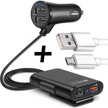 Autolader met 4 USB Poorten + Micro-USB Kabel - Oplader met Fast Charge - Zwart - TechNow