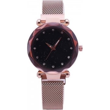 Let op type!! Luxe mesh dames klok magneet gesp sterrenkundige diamant geometrische quartz horloge vrouwen horloges (Rose goud)