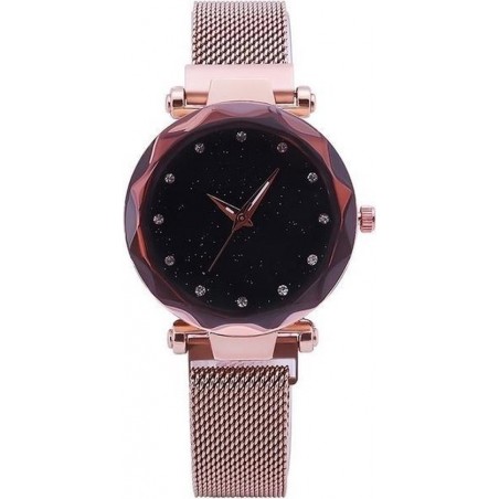 Let op type!! Luxe mesh dames klok magneet gesp sterrenkundige diamant geometrische quartz horloge vrouwen horloges (Rose goud)