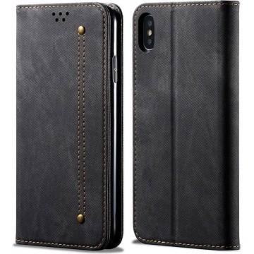 Voor iPhone X / XS denim textuur casual stijl horizontale flip lederen tas met houder en kaartsleuven en portemonnee (zwart)