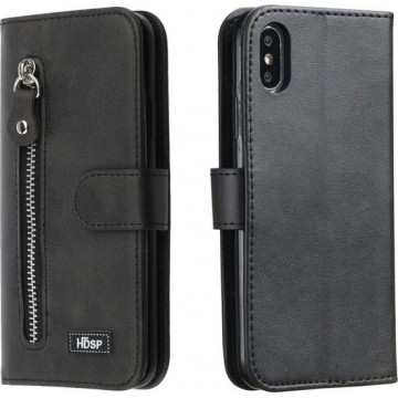 Voor iPhone XS Max rits horizontale flip lederen tas met portemonnee en houder en kaartsleuven (zwart)