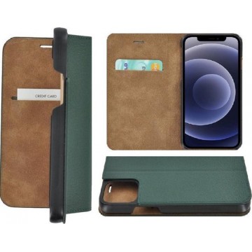 iPhone 12 pro Max hoesje - Bookcase - Portemonnee Hoes Ultra dun Echt leer Wallet case Dennen Groen