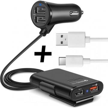 Autolader met 4 USB Poorten + USB-C Kabel - Oplader met Fast Charge - Zwart - TechNow