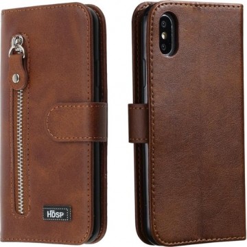 Voor iPhone XS Max rits horizontale flip lederen tas met portemonnee en houder & kaartsleuven (bruin)