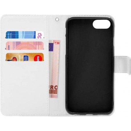 FOONCASE iPhone 8 Plus hoesje - Bookcase - Flipcase - Hoesje met pasjes - Pink leaves / Roze bladeren