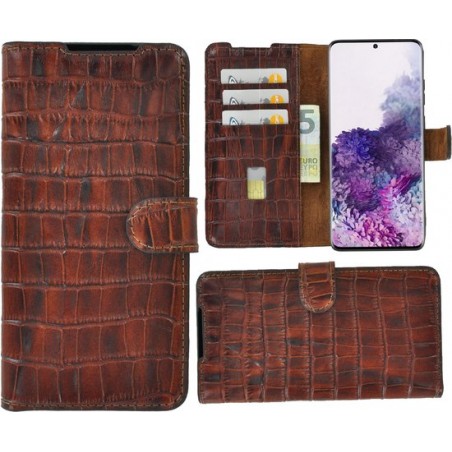 Samsung Galaxy S20 Ultra hoesje Cover Wallet Bookcase Pearlycase Echt Leder hoes Croco Bruin