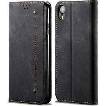 Voor iPhone XR denim textuur casual stijl horizontale flip lederen tas met houder en kaartsleuven en portemonnee (zwart)