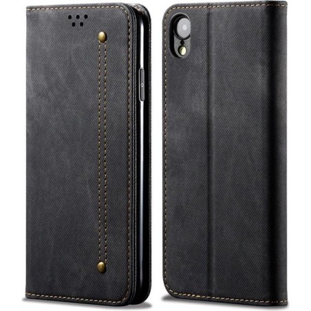 Voor iPhone XR denim textuur casual stijl horizontale flip lederen tas met houder en kaartsleuven en portemonnee (zwart)