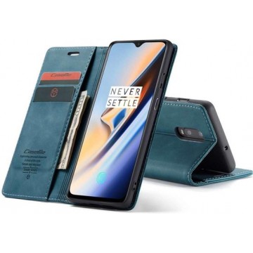CASEME OnePlus 7 Retro Wallet Hoesje - Blauw