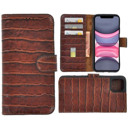 iPhone 11 Pro Wallet Bookcase hoes Pearlycase Echt Leder hoesje Croco Bruin