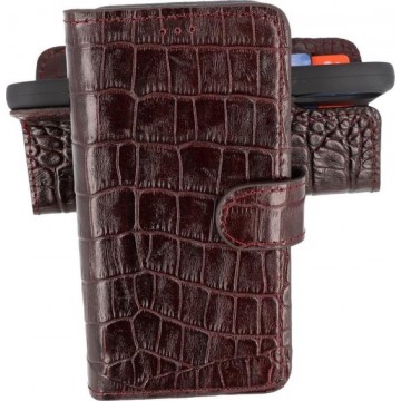 Krokodil Handmade Lederen Book Case Telefoonhoesje voor iPhone 12 - 12 Pro - Bordeaux Rood