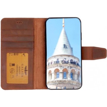 GALATA Echt leer bookcase wallet Samsung Galaxy A50 / A30s kaartsleuven handarbeid door ambachtslieden antiek bruin hoesje