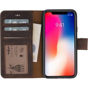 GALATA® Echte lederen book wallet ID – iPhone X / XS  - antiek bruin hoesje