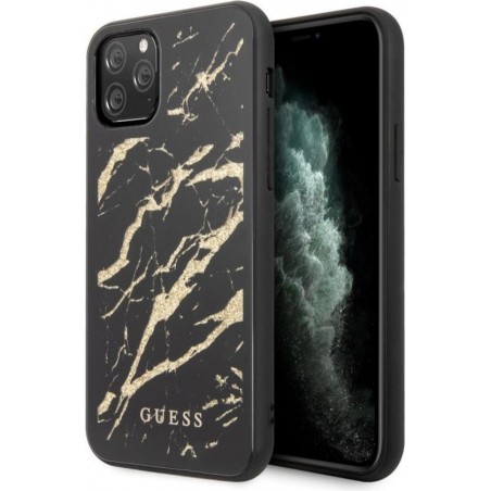 GUESS Marble Glass Backcover Hoesje iPhone 11 Pro Max - Zwart