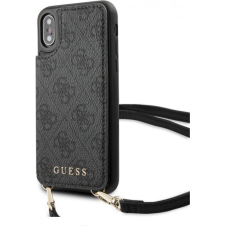 GUESS Logo Backcover Hoesje met Kaarthouder en Koord iPhone XS / X - Grijs