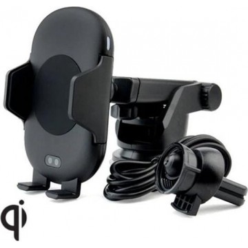 NÖRDIC QICR-N1001, Verlengbare Auto Telefoonhouder met Qi draadloos opladen 10W, zuignap/ ventilatierooster, Automatisch, zwart