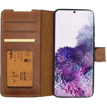 GALATA Echt leer bookcase wallet Samsung Galaxy S20 hoesje kaartsleuven - handarbeid door ambachtslieden - Cognac Bruin
