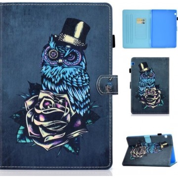 Voor Huawei MediaPad T5 Horizontale TPU Painted Flat Feather Case Anti-slip strip met Pen Cover & Card Slot & Holder (Owl)