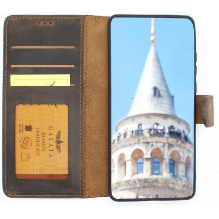 Galata echt leer bookcase Huawei P30 kaartsleuven handarbeid door ambachtslieden mokka bruin hoesje