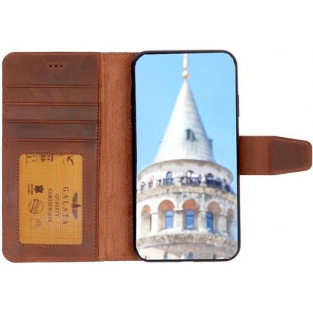 GALATA Echt leer bookcase wallet Samsung Galaxy A70 kaartsleuven handarbeid door ambachtslieden antiek bruin hoesje