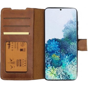 GALATA Echt leer bookcase wallet Samsung Galaxy S20 Plus hoesje kaartsleuven - handarbeid door ambachtslieden - Cognac Bruin