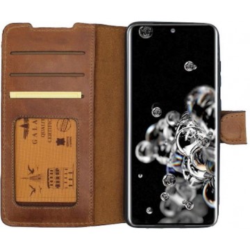 GALATA Echt leer bookcase wallet Samsung Galaxy S20 Ultra hoesje kaartsleuven - handarbeid door ambachtslieden - Cognac Bruin