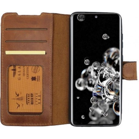 GALATA Echt leer bookcase wallet Samsung Galaxy S20 Ultra hoesje kaartsleuven - handarbeid door ambachtslieden - Cognac Bruin