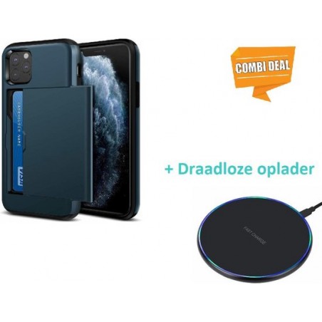 Kaarthouder case met slide iPhone 11 Pro Max - donkerblauw met draadloze oplader