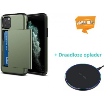 Kaarthouder case met slide iPhone 11 Pro Max - groen met draadloze oplader