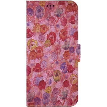 Made-NL Handmade Echt Leer Book Case Voor Apple iPhone X/XS Roze met multicolor bloemen