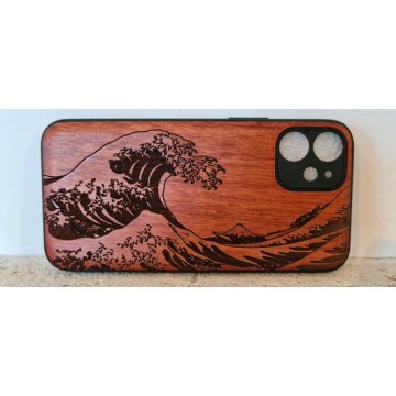 Bamboesjes Houten Telefoonhoesje Iphone 12 Mini met gravure van de Golf van Kanagawa