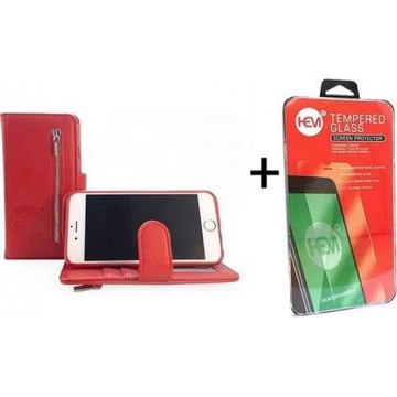 iPhone SE / 5/ 5S Burned Red Leren Rits Portemonnee Hoesje + Screenprotector / Tempered Glass