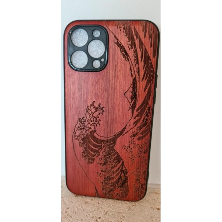 Bamboesjes Houten Telefoonhoesje Iphone 12 Pro met gravure van de Golf van Kanagawa