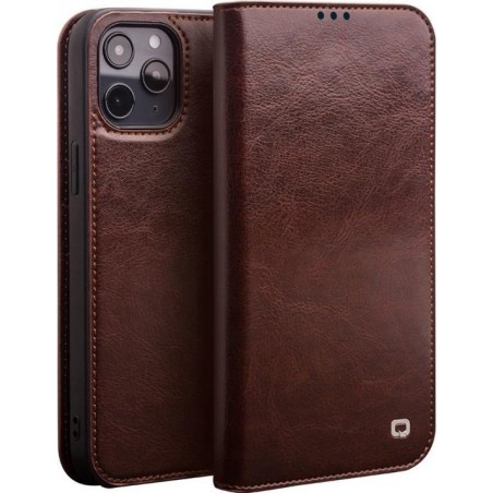 Qialino - echt lederen luxe wallet hoes - iPhone 12 Mini - Bruin