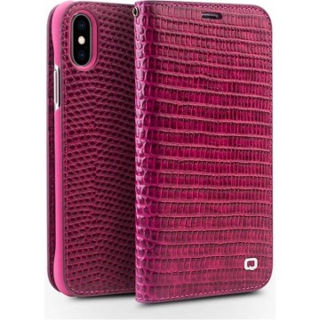 Qialino - echt lederen luxe wallet hoes - iPhone X / XS - Croco roze