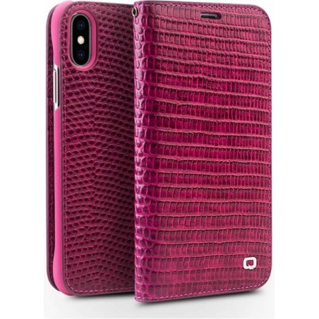 Qialino - echt lederen luxe wallet hoes - iPhone X / XS - Croco roze