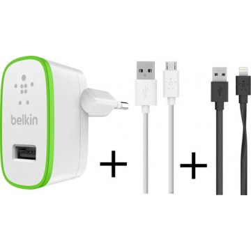 Belkin Telefoon Oplader 2.4A inclusief Belkin 1.2 Meter Apple Lightning en Micro USB Kabel - Wit/zwart