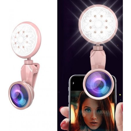 Let op type!! RK35B professionele Beauty Selfie licht Selfie Clip Flash Fill Light met HD 4K groothoek / 50 X macrolens (roze)